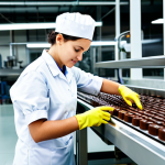 A professional maintenance technician, wearing a clean, modest factory uniform, fully clothed, appropriate attire, professional dress, working diligently on a sophisticated chocolate tempering machine in a spotless, brightly lit modern confectionery factory. The technician is focused, holding a precision tool, with well-formed hands, ensuring the machine's components are perfectly aligned. In the background, perfectly crafted, generic confectionery items are visible on a conveyor belt, showcasing product quality. The scene emphasizes precision, cleanliness, and the smooth operation of high-quality machinery. perfect anatomy, correct proportions, natural pose, well-formed hands, proper finger count, natural body proportions, professional photography, high detail, high quality, safe for work, appropriate content, family-friendly.