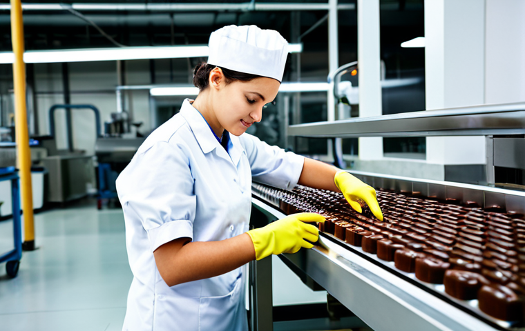 A professional maintenance technician, wearing a clean, modest factory uniform, fully clothed, appropriate attire, professional dress, working diligently on a sophisticated chocolate tempering machine in a spotless, brightly lit modern confectionery factory. The technician is focused, holding a precision tool, with well-formed hands, ensuring the machine's components are perfectly aligned. In the background, perfectly crafted, generic confectionery items are visible on a conveyor belt, showcasing product quality. The scene emphasizes precision, cleanliness, and the smooth operation of high-quality machinery. perfect anatomy, correct proportions, natural pose, well-formed hands, proper finger count, natural body proportions, professional photography, high detail, high quality, safe for work, appropriate content, family-friendly.