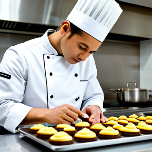 A professional pastry chef, fully clothed in a clean, modest chef's uniform, meticulously crafting an innovative, health-conscious dessert in a state-of-the-art, brightly lit kitchen. The chef is focused on precise techniques, surrounded by an array of fresh, colorful, sustainable ingredients and modern kitchen tools. The scene captures the artistry and scientific precision of high-end dessert creation, emphasizing the chef's dedication to new flavors and healthy alternatives. Perfect anatomy, correct proportions, natural pose, well-formed hands, proper finger count, natural body proportions. Safe for work, appropriate content, fully clothed, professional, appropriate attire, high quality photography, sharp focus.