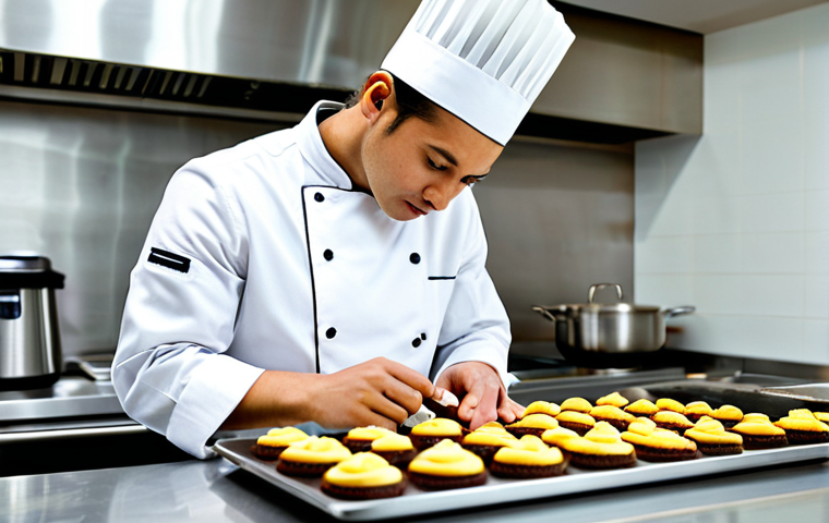 A professional pastry chef, fully clothed in a clean, modest chef's uniform, meticulously crafting an innovative, health-conscious dessert in a state-of-the-art, brightly lit kitchen. The chef is focused on precise techniques, surrounded by an array of fresh, colorful, sustainable ingredients and modern kitchen tools. The scene captures the artistry and scientific precision of high-end dessert creation, emphasizing the chef's dedication to new flavors and healthy alternatives. Perfect anatomy, correct proportions, natural pose, well-formed hands, proper finger count, natural body proportions. Safe for work, appropriate content, fully clothed, professional, appropriate attire, high quality photography, sharp focus.