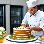 **

A brightly lit professional kitchen scene. A skilled pastry chef, fully clothed in chef's whites, is meticulously decorating a multi-layered cake with intricate sugar flowers.  Various baking tools and ingredients are visible. The style is hyperrealistic food photography, emphasizing detail and vibrant colors. Safe for work, appropriate content, professional setting, perfect anatomy, modest attire.

**