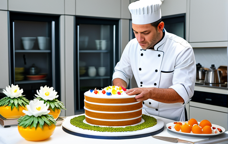**

A brightly lit professional kitchen scene. A skilled pastry chef, fully clothed in chef's whites, is meticulously decorating a multi-layered cake with intricate sugar flowers.  Various baking tools and ingredients are visible. The style is hyperrealistic food photography, emphasizing detail and vibrant colors. Safe for work, appropriate content, professional setting, perfect anatomy, modest attire.

**
