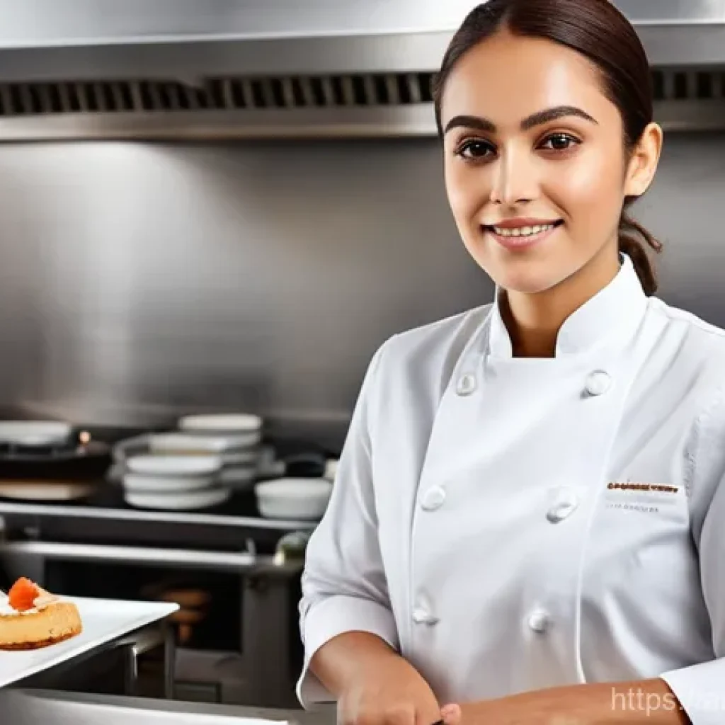 제과 자격증 소지자로서의 커리어 패스 - **A Skilled Female Pastry Chef Innovating in a Five-Star Kitchen:** A dynamic, eye-level shot of a s...