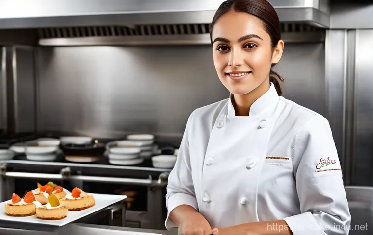 제과 자격증 소지자로서의 커리어 패스 - **A Skilled Female Pastry Chef Innovating in a Five-Star Kitchen:** A dynamic, eye-level shot of a s...