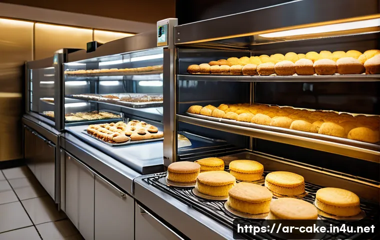 제과업계에서 수요 높은 기술 - A modern professional bakery kitchen scene showcasing precise temperature and humidity control devic...
