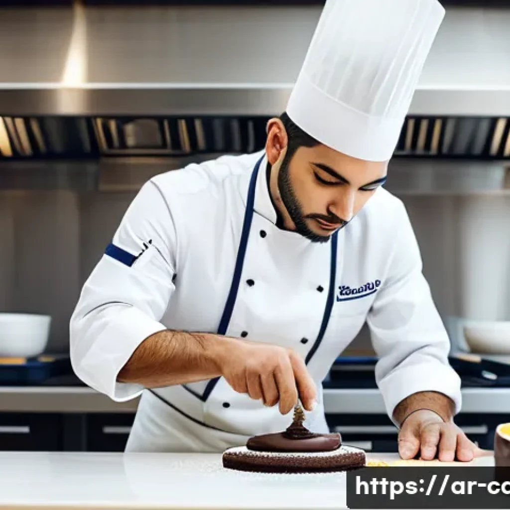제과 기능사와 제빵 기능사의 차이 - A skilled pastry chef in a modern, spotless kitchen decorated with Middle Eastern motifs, carefully ...