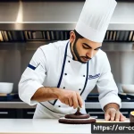 제과 기능사와 제빵 기능사의 차이 - A skilled pastry chef in a modern, spotless kitchen decorated with Middle Eastern motifs, carefully ...