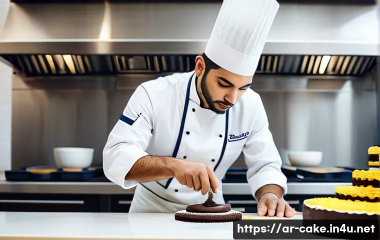 제과 기능사와 제빵 기능사의 차이 - A skilled pastry chef in a modern, spotless kitchen decorated with Middle Eastern motifs, carefully ...