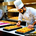 제과 자격증으로 관련 업계 확장 사례 - A vibrant Middle Eastern pastry chef in traditional attire carefully decorating an intricately desig...