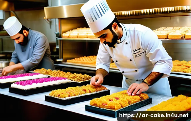 제과 자격증으로 관련 업계 확장 사례 - A vibrant Middle Eastern pastry chef in traditional attire carefully decorating an intricately desig...