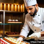 제과 자격증 취득자의 연봉 통계 - A professional Middle Eastern pastry chef wearing a white chef coat and hat, skillfully decorating a...