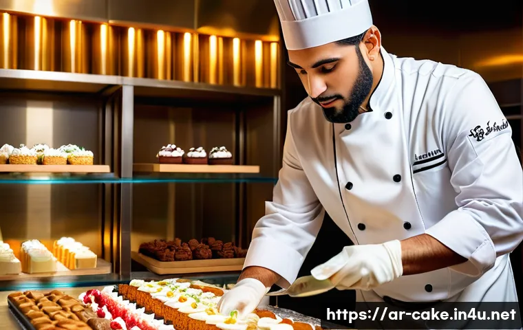 제과 자격증 취득자의 연봉 통계 - A professional Middle Eastern pastry chef wearing a white chef coat and hat, skillfully decorating a...