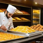제과 자격증 보유자의 취업 사례 - A vibrant Middle Eastern pastry shop interior bustling with activity, showcasing a skilled baker wea...