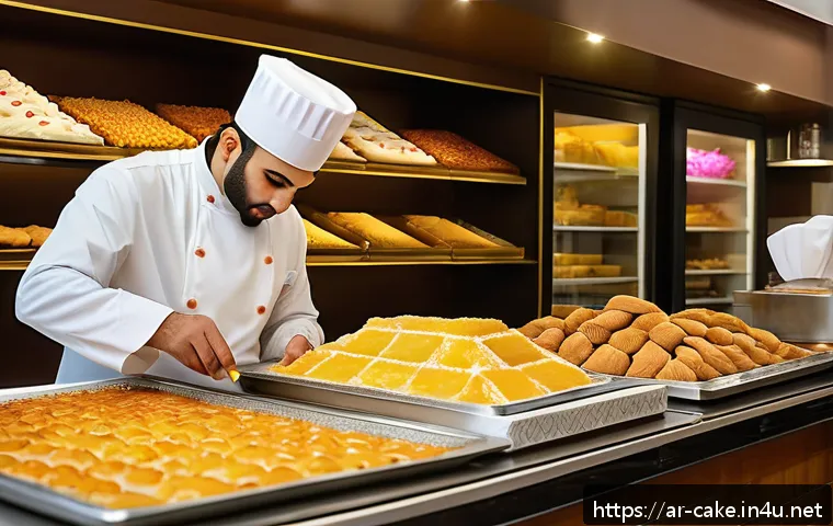 제과 자격증 보유자의 취업 사례 - A vibrant Middle Eastern pastry shop interior bustling with activity, showcasing a skilled baker wea...