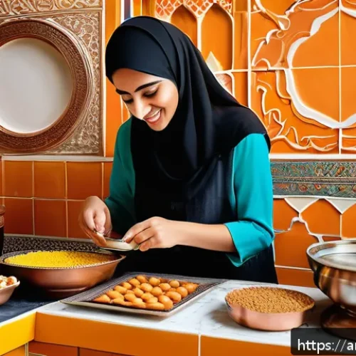 제과 자격증으로 시작하는 창업 사례 - A vibrant Middle Eastern home kitchen scene showcasing an enthusiastic Arab woman in modest, colorfu...