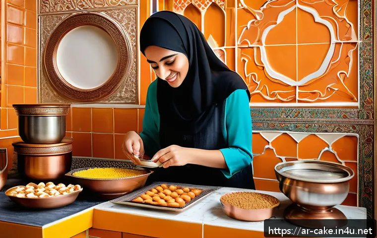 제과 자격증으로 시작하는 창업 사례 - A vibrant Middle Eastern home kitchen scene showcasing an enthusiastic Arab woman in modest, colorfu...
