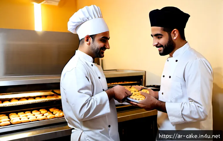 Home 17 제과업계에서의 인간관계 관리 - Photorealistic warm scene inside a modern Middle Eastern bakery kitchen, Arab pastry chef and divers...